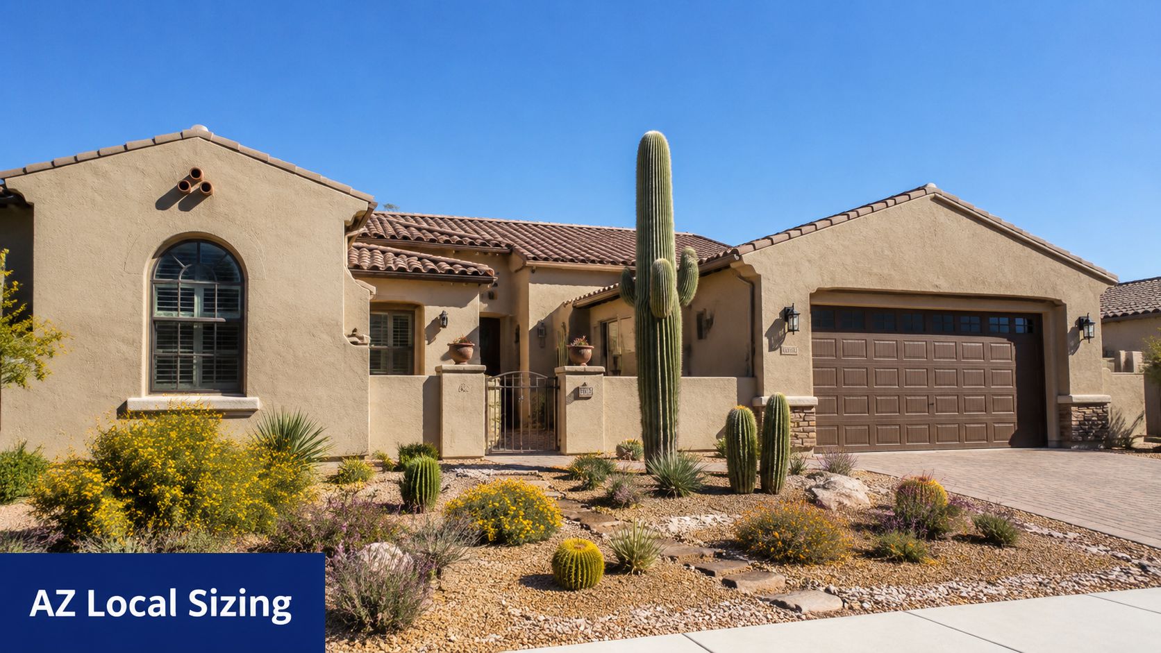 A single-story suburban house in Arizona with a desert-style landscape and a tall saguaro cactus.