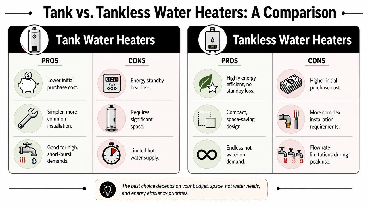 A comparison infographic detailing the pros and cons of tank versus tankless water heaters for homeowners.