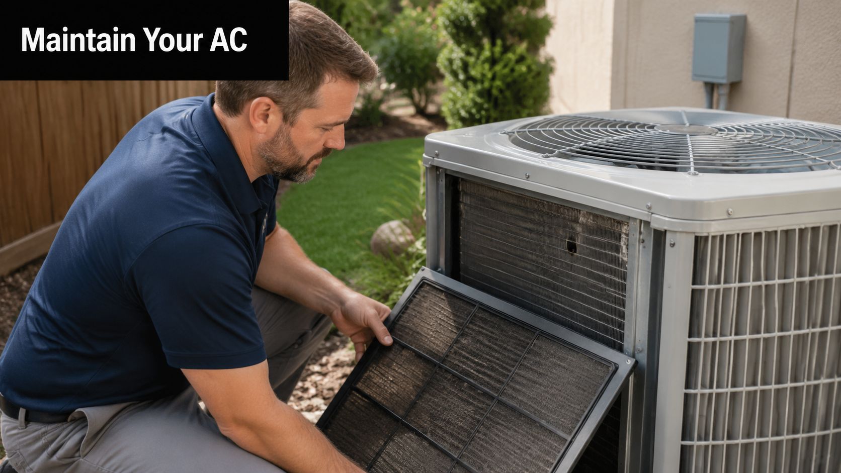 A professional technician carefully inspects and removes a dirty air filter from an outdoor AC unit.