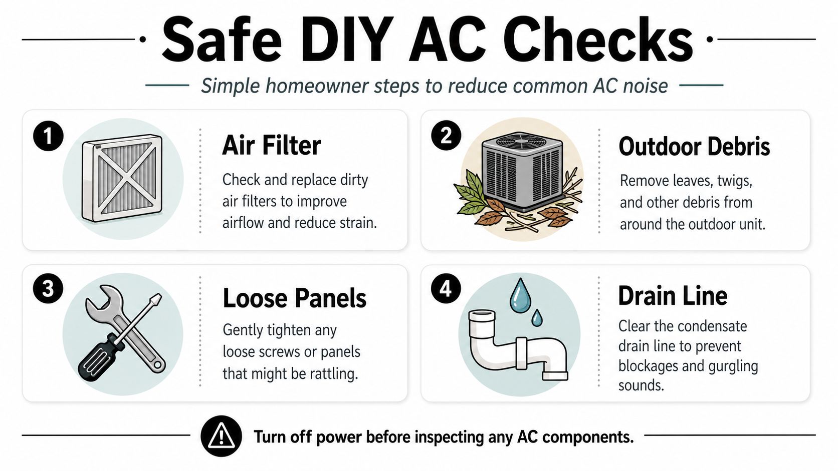 An infographic showing four simple DIY steps to help troubleshoot and reduce common air conditioner noise.