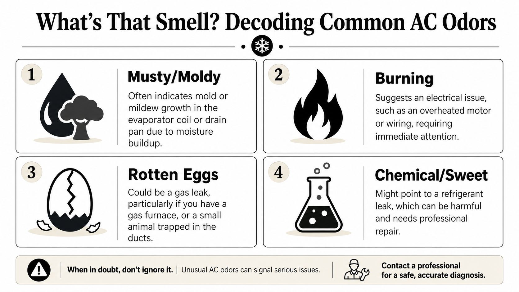 An infographic titled What's That Smell listing four common air conditioner odors and their potential causes.