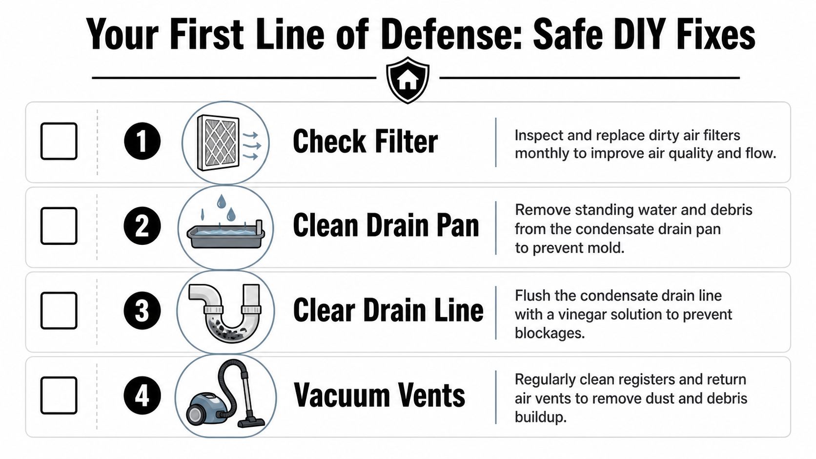 A checklist infographic titled Your First Line of Defense: Safe DIY Fixes for air conditioning maintenance.
