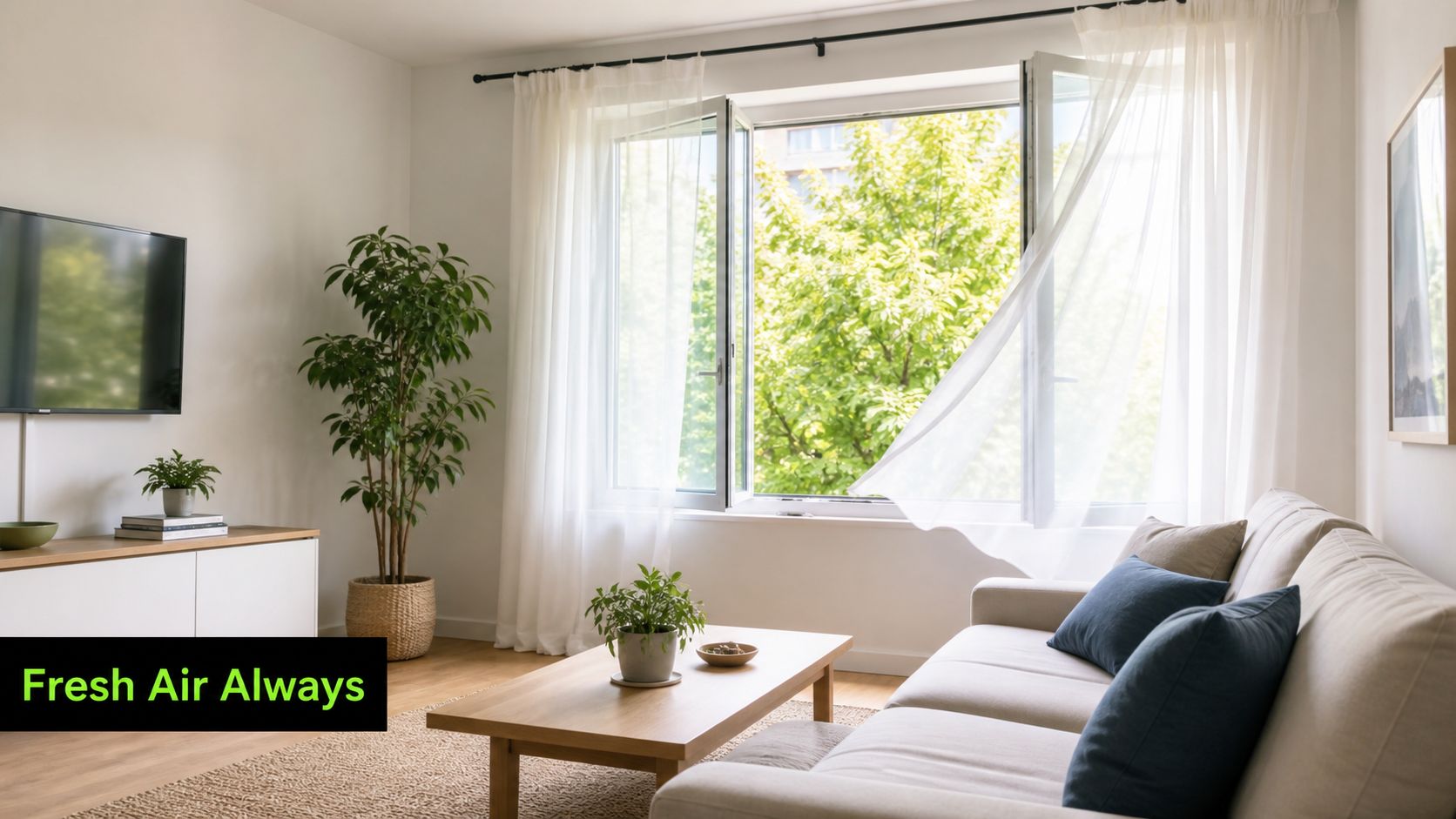 A bright and airy living room with an open window allowing fresh air and sunlight to enter.