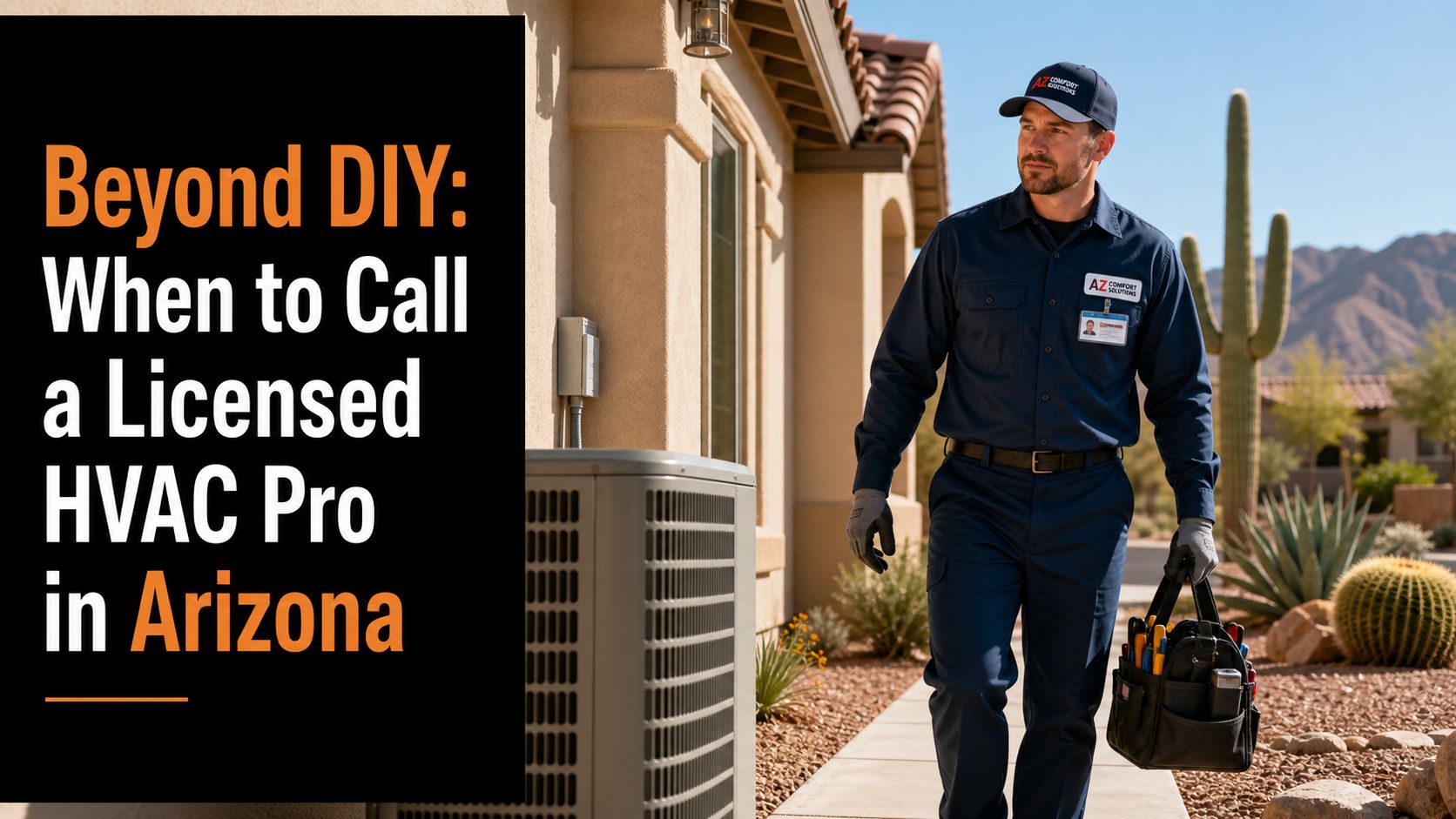 A professional HVAC technician in uniform carrying a tool bag walks toward a house in Arizona.