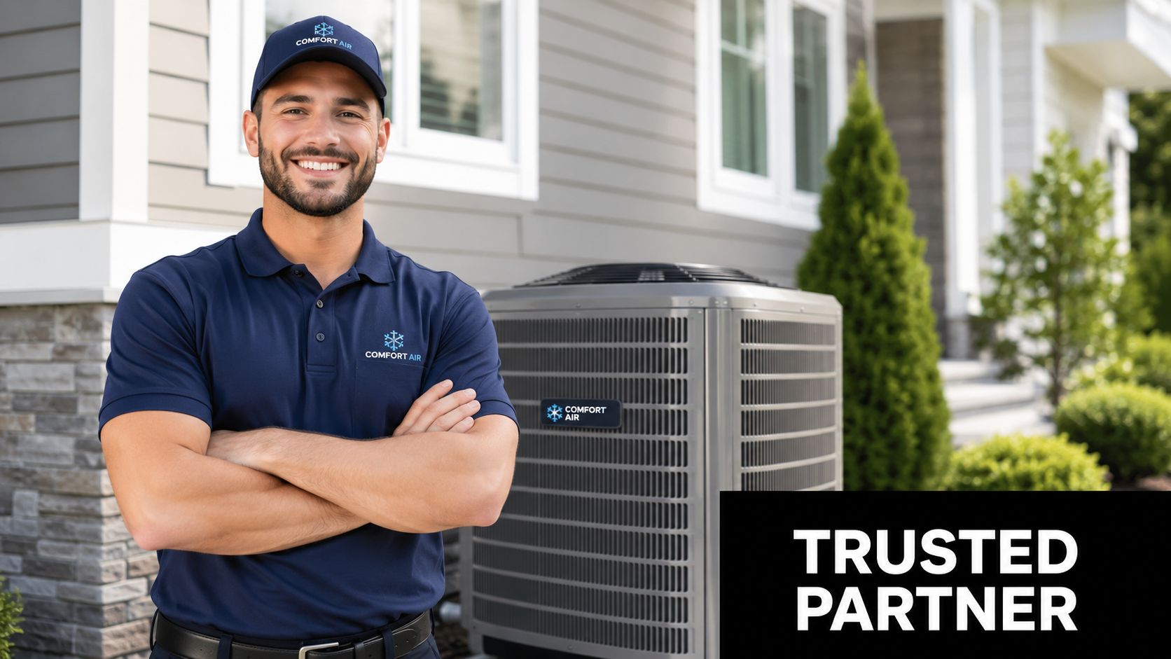 A professional HVAC technician in a branded uniform stands confidently next to an outdoor air conditioning unit.