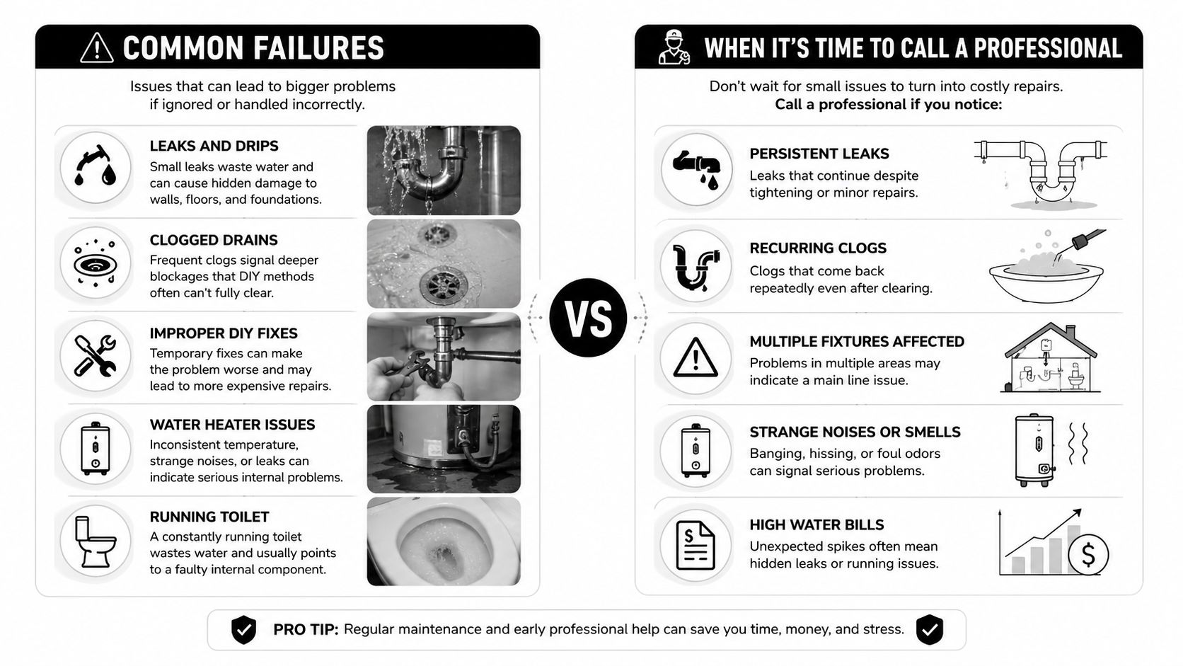 A comparison chart outlining common plumbing failures versus signs that indicate it is time to call a professional plumber.