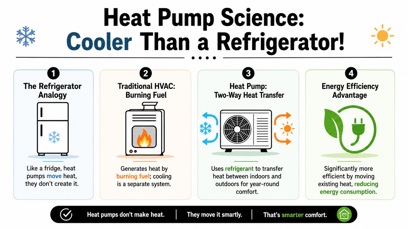 An infographic explaining how heat pumps efficiently move heat, comparing them to refrigerators and traditional furnaces.
