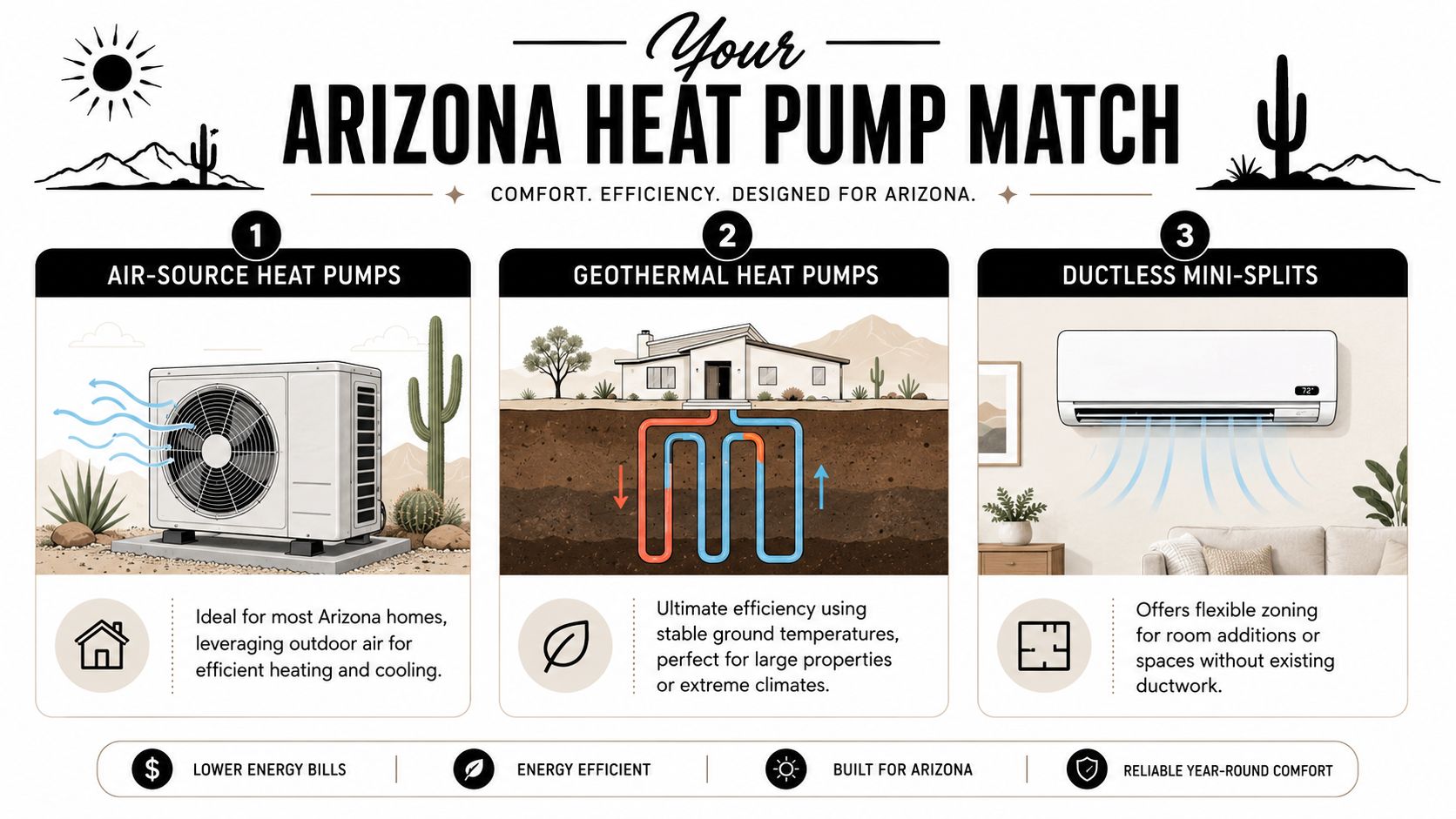 A comparison infographic showing three types of heat pump systems suitable for homes in Arizona.