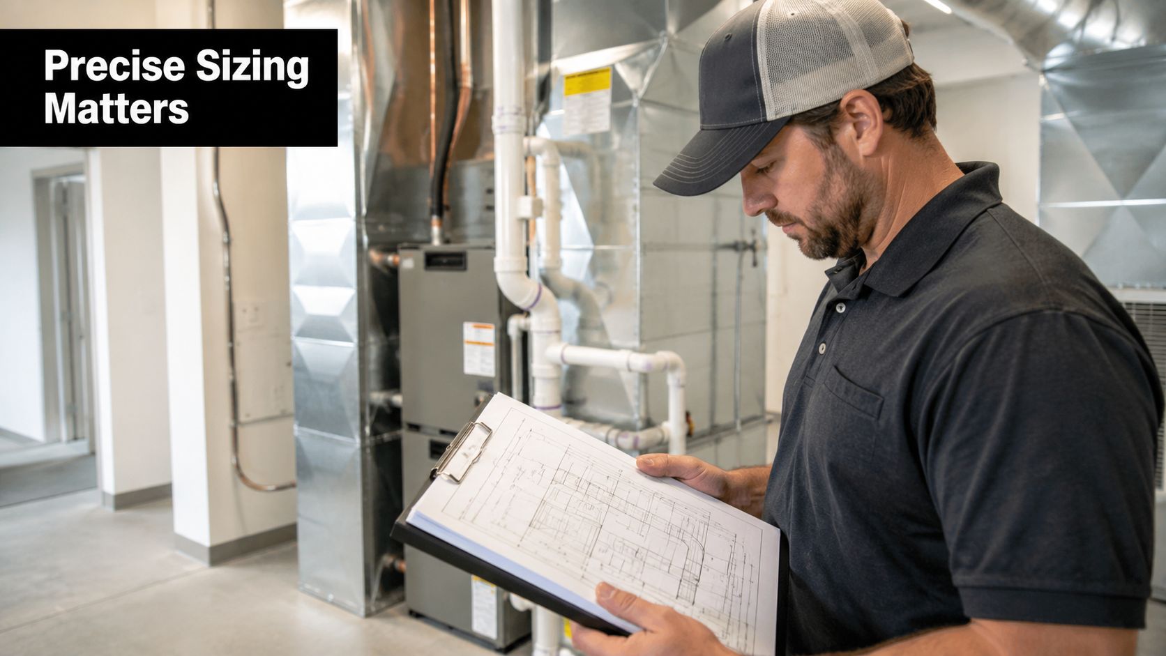 A professional technician wearing a cap examines a technical building blueprint in front of an HVAC unit.