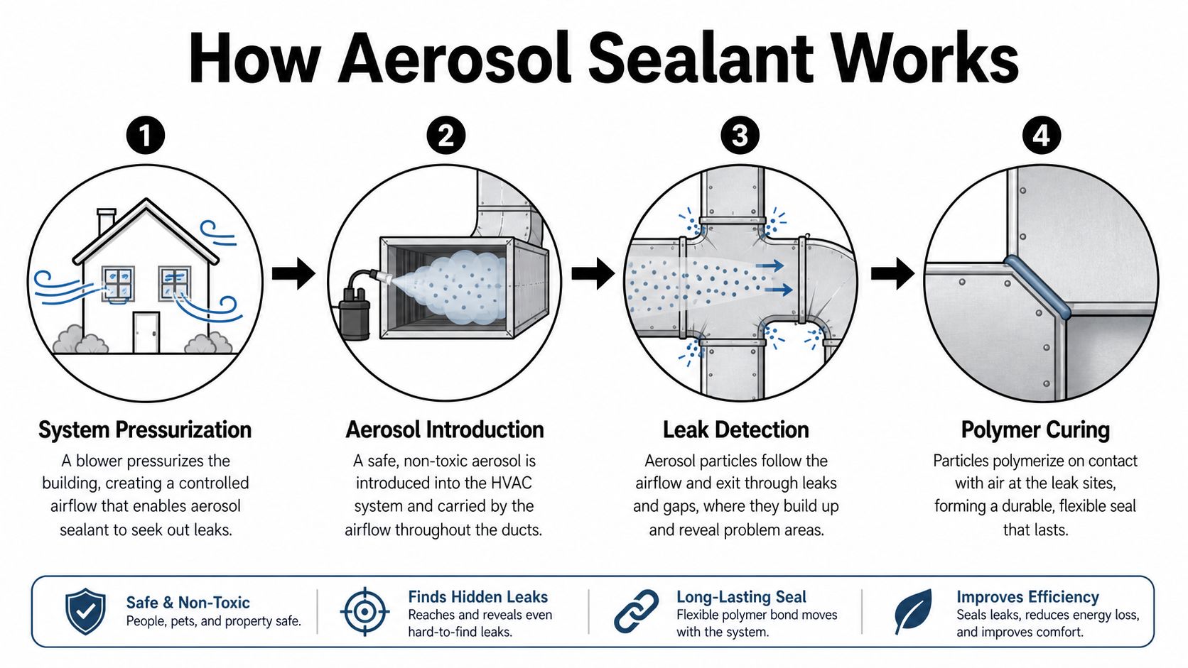 A diagram illustrating the four steps of how aerosol duct sealant works to repair HVAC leaks.