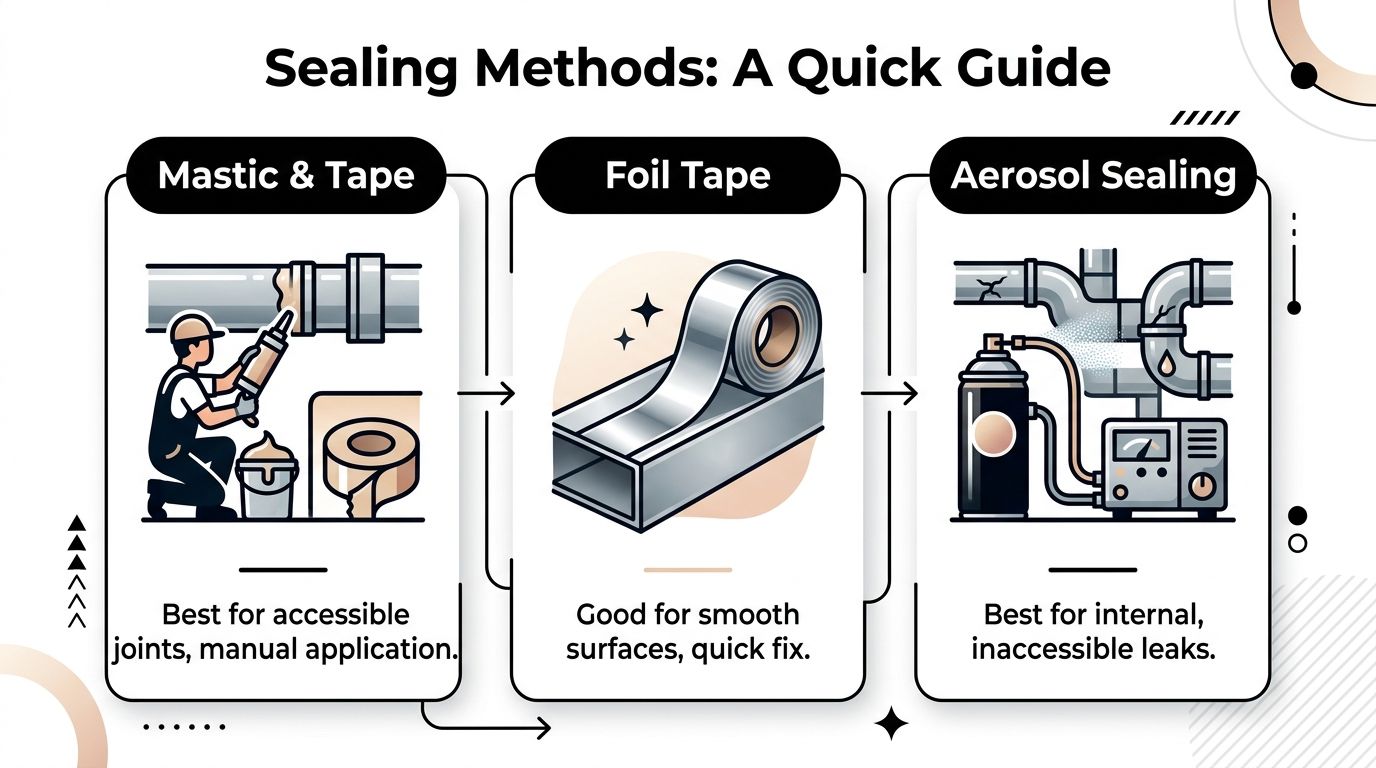 A quick guide to three sealing methods for ducts: mastic and tape, foil tape, and aerosol sealing.