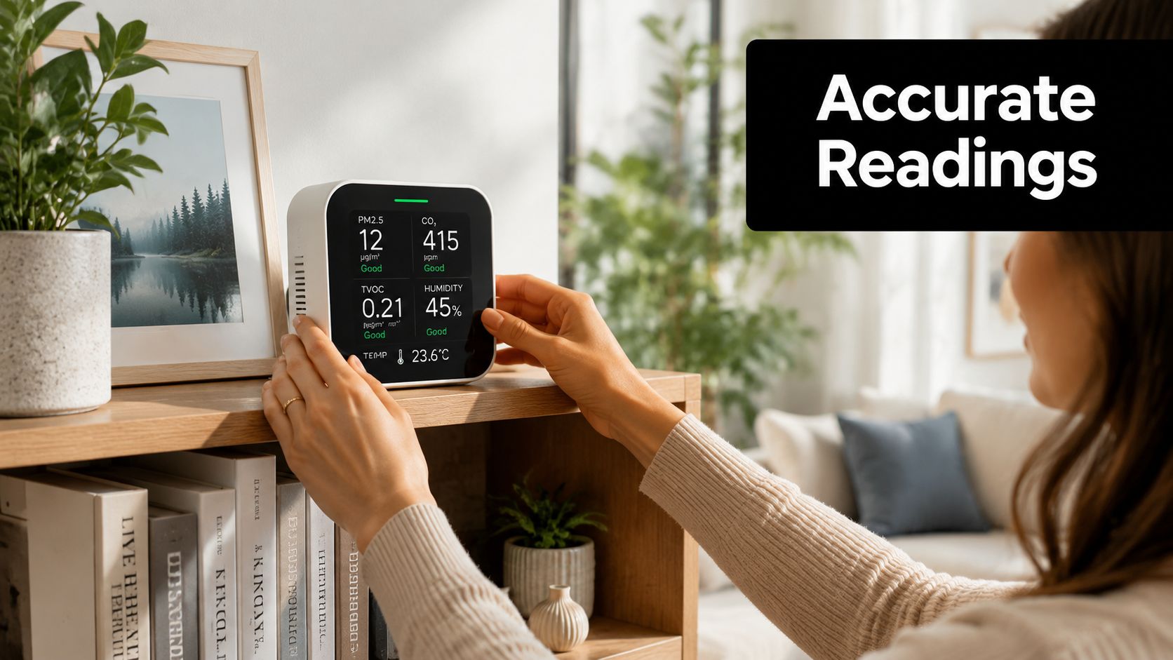 A woman adjusting a white smart indoor air quality monitor displaying environmental data on a wooden shelf.