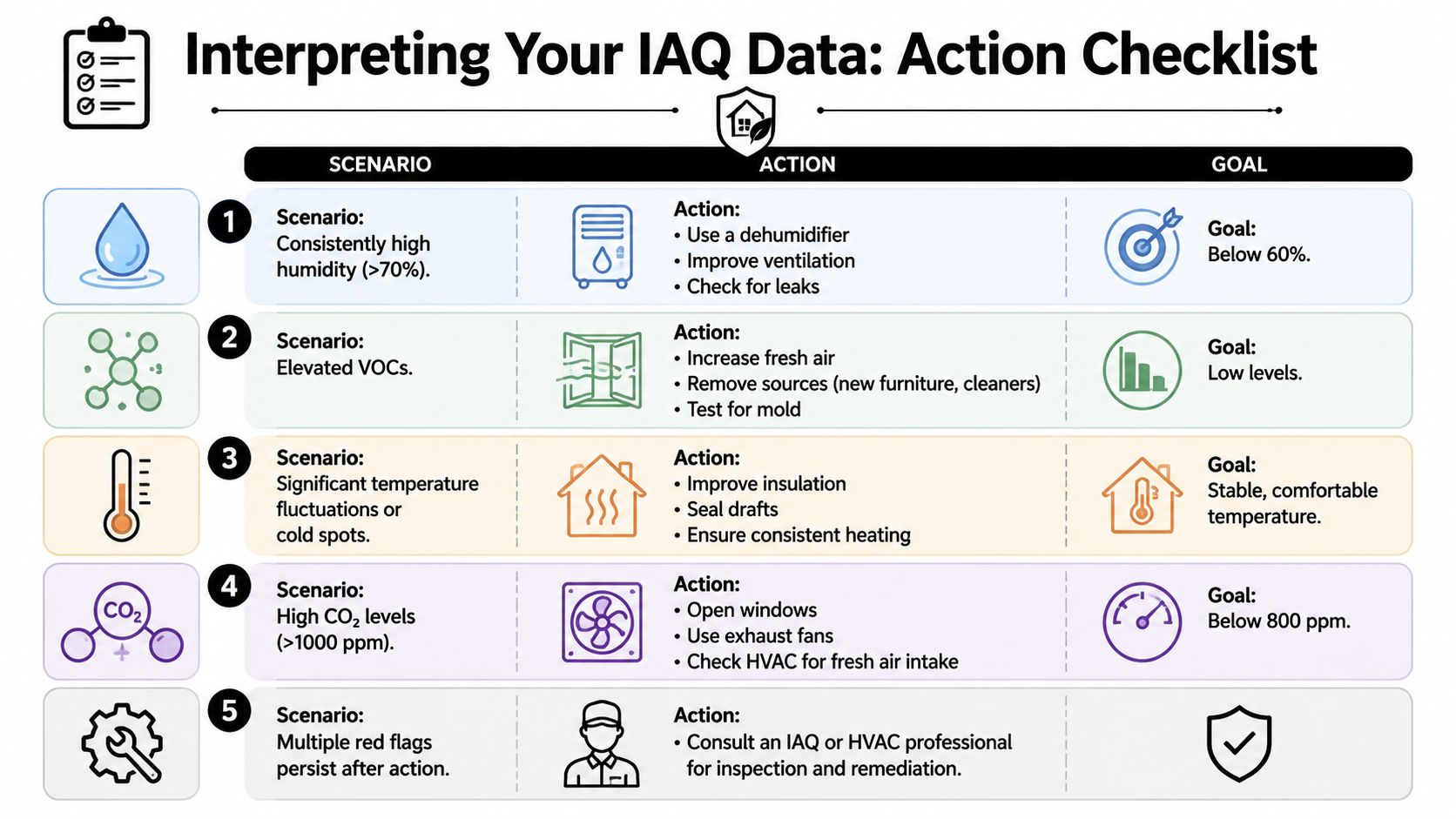 A checklist infographic illustrating actions to improve indoor air quality based on specific environmental data scenarios.