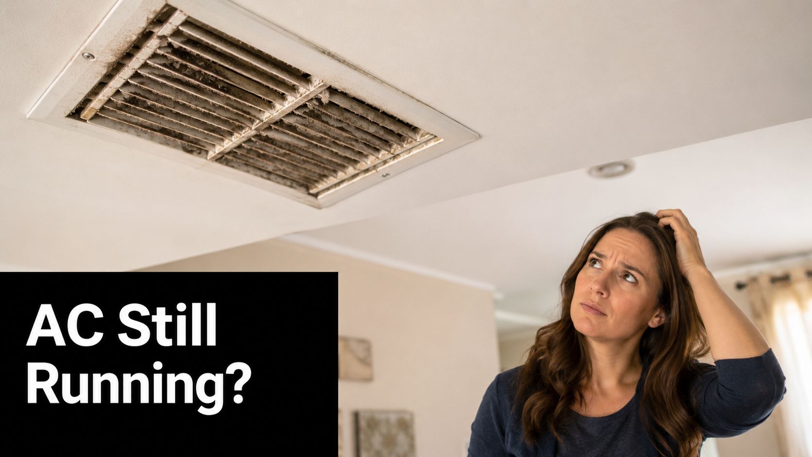 A woman looks concerned at a dirty, dust-covered air conditioning vent on the ceiling of her home.