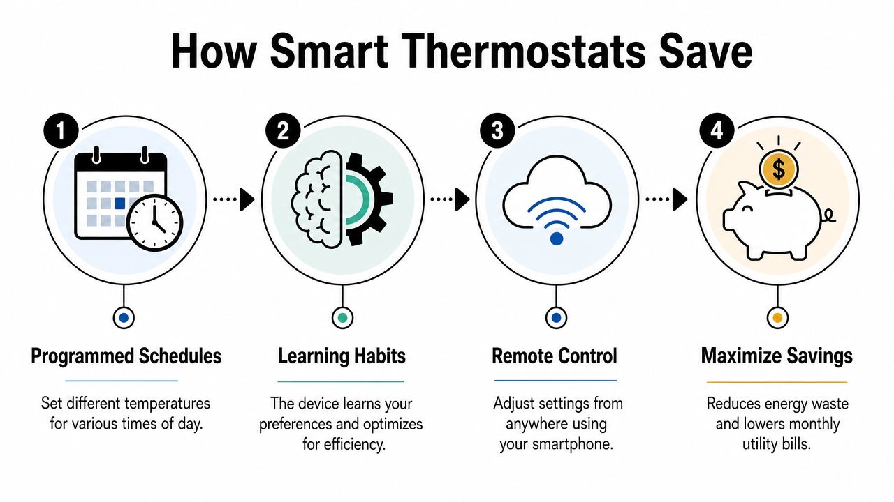 An infographic showing four steps of how smart thermostats save energy and money for homeowners.
