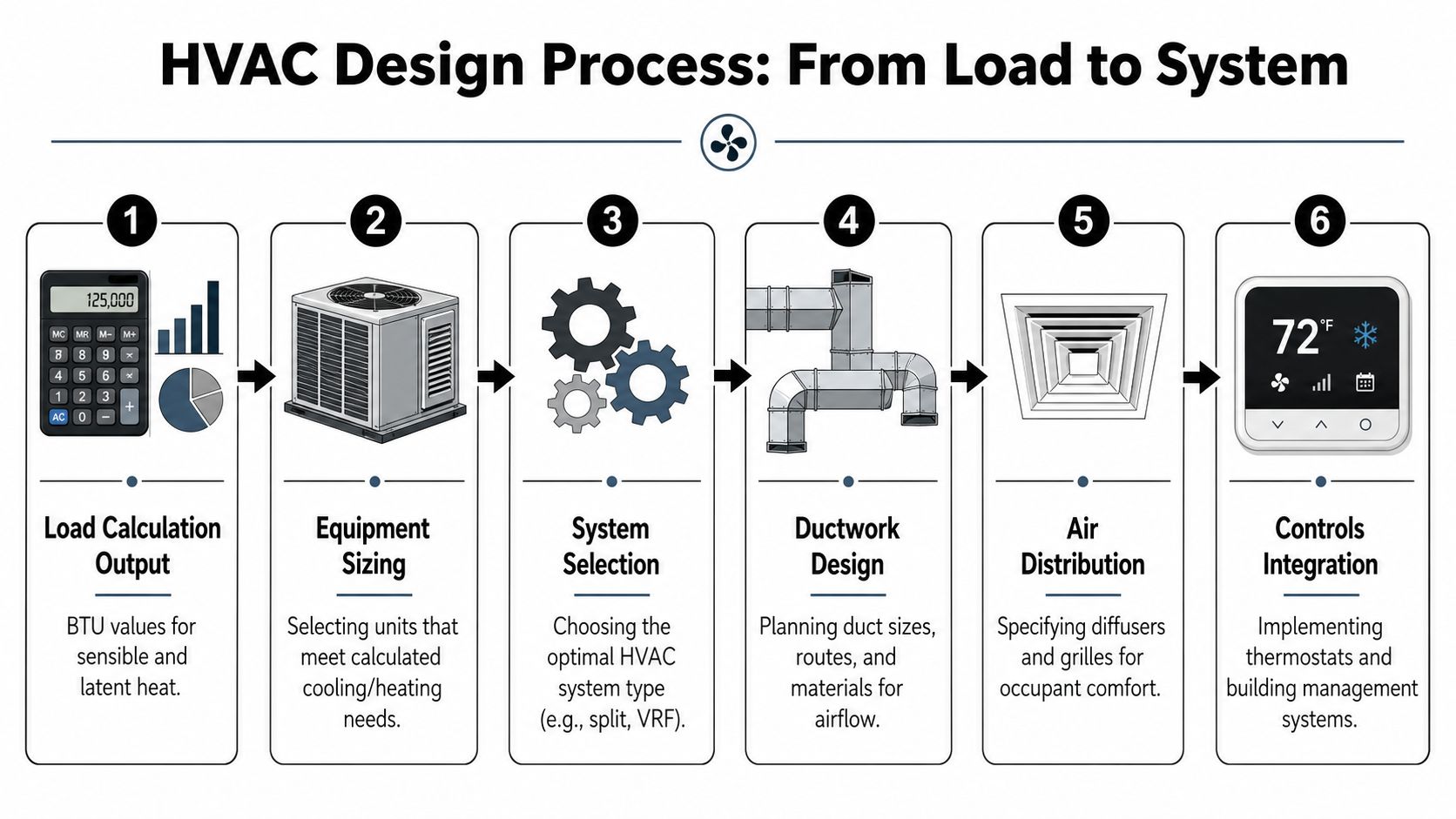 A six-step infographic illustrating the professional HVAC design process from initial load calculations to systems controls integration.