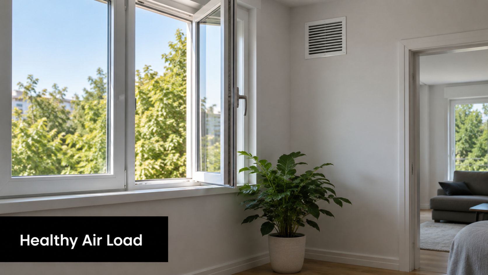 A bright room featuring an open window, a potted green plant, and an air vent on the wall.