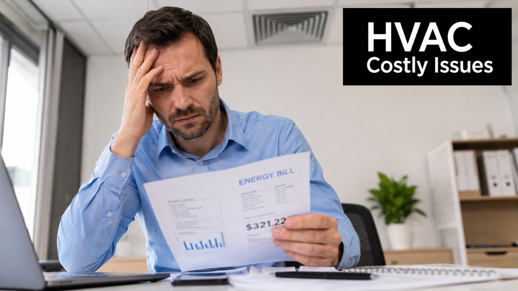 A stressed businessman looking at a high energy bill while sitting at his desk in an office.