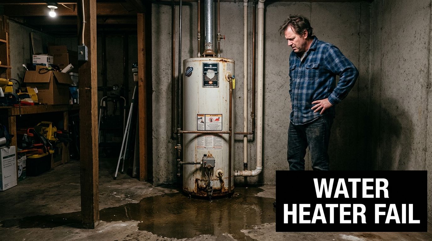 A concerned man stands in a dark basement looking at a leaking residential water heater tank.
