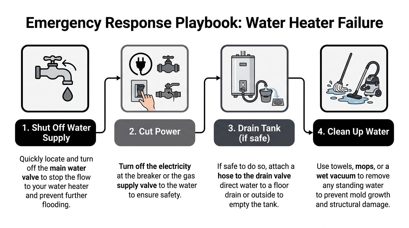 A four-step infographic showing how to shut off water, electricity, drain, and clean up after water heater failure.