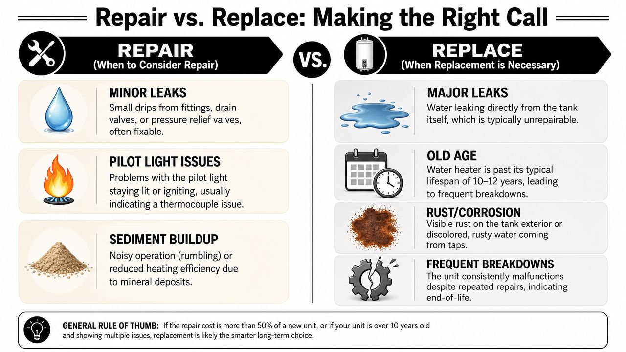 A comparison infographic detailing when to repair or replace a residential water heater based on common issues.