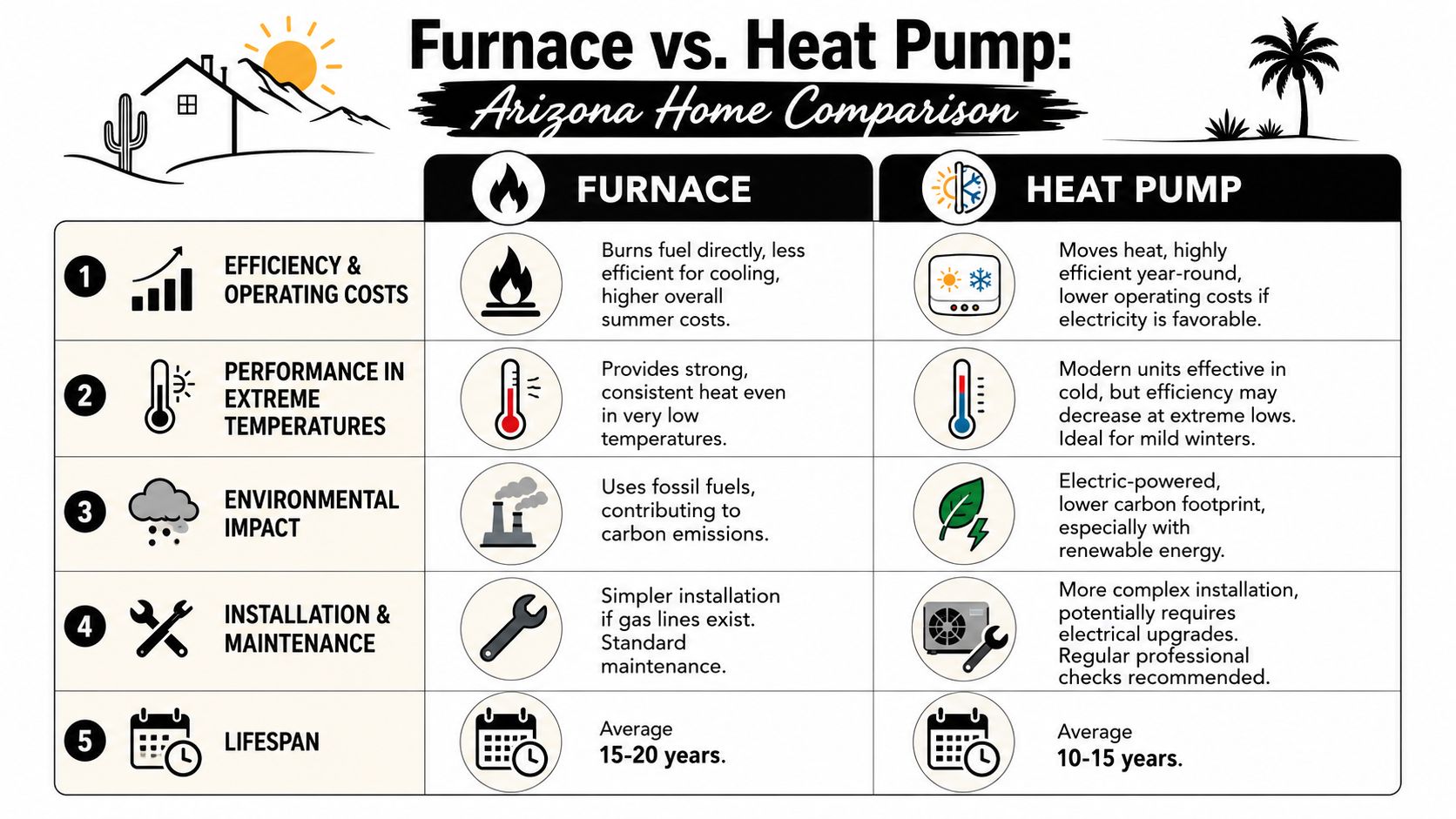 A comparison chart showing the differences between furnaces and heat pumps for Arizona homeowners.