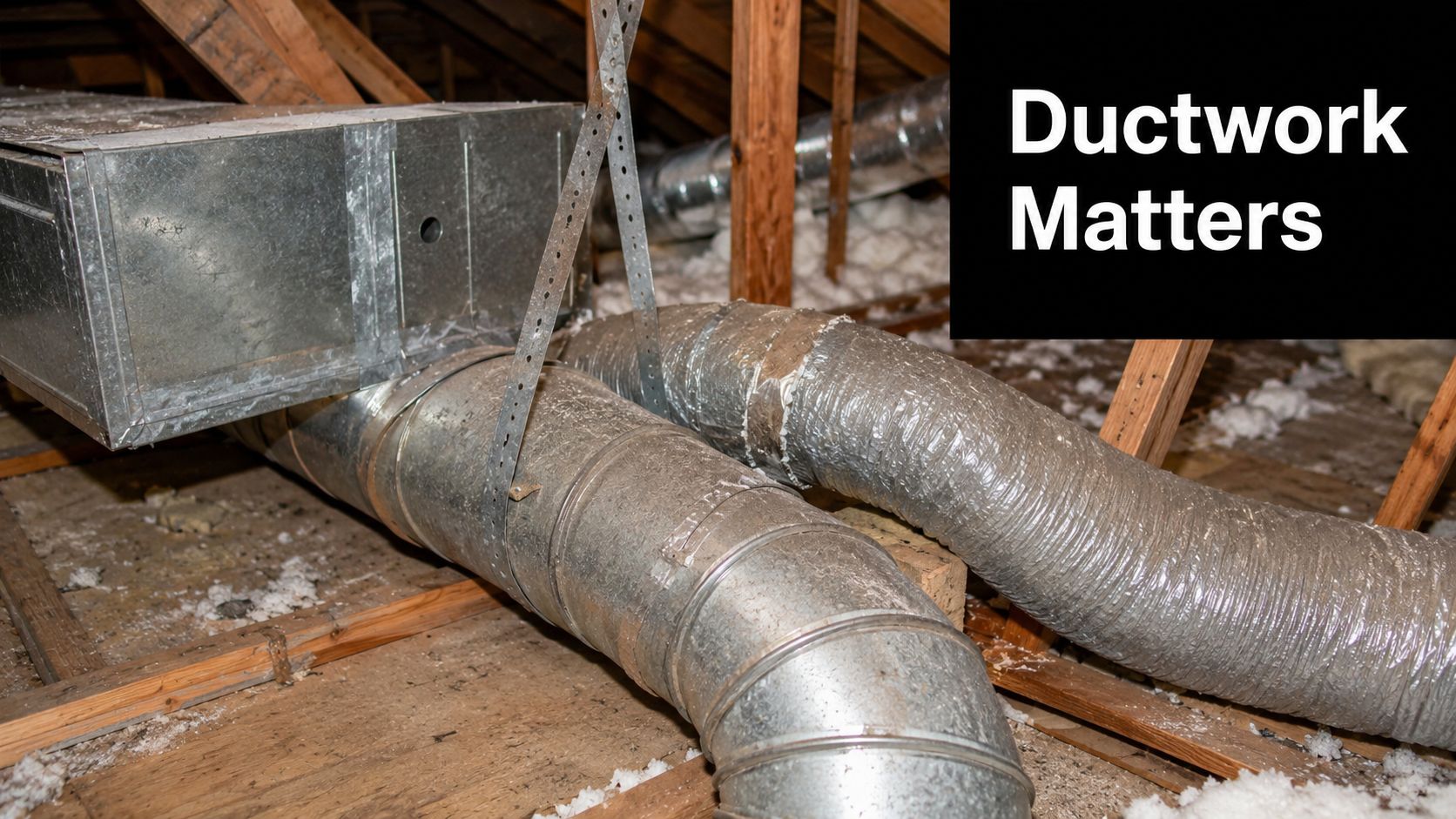 Exposed metal ductwork and flexible air ducts installed in an unfinished residential attic space.