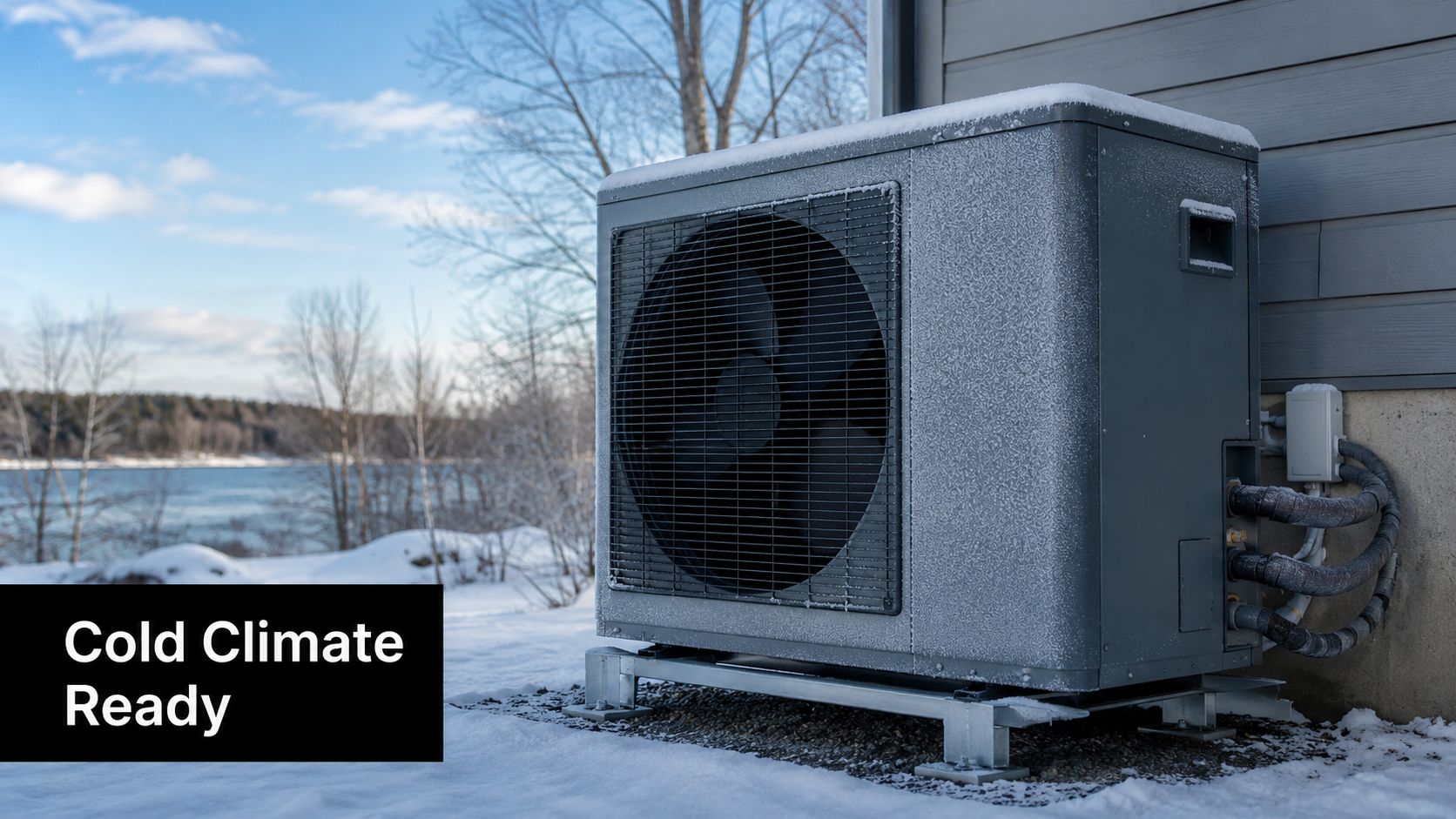 A modern outdoor heat pump unit covered in frost during a cold winter day near a house.