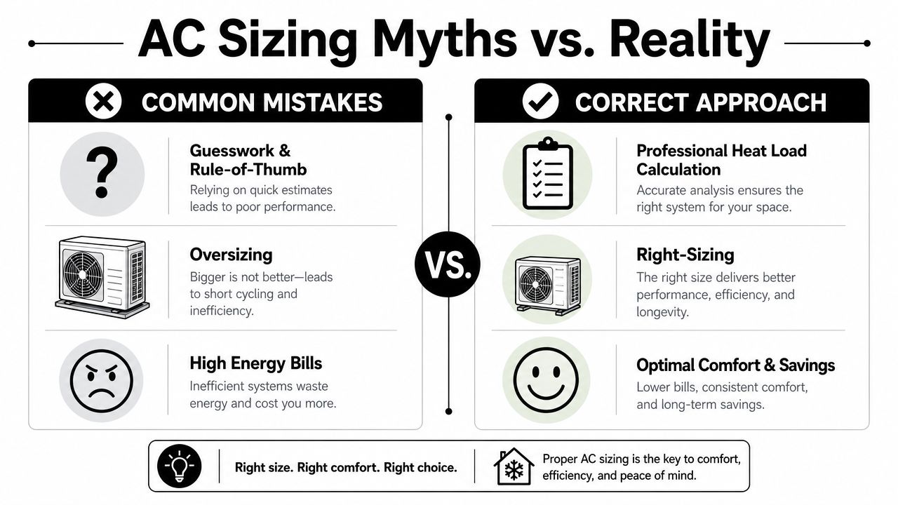 An infographic comparing common AC sizing mistakes versus the benefits of professional heat load calculation and right-sizing.