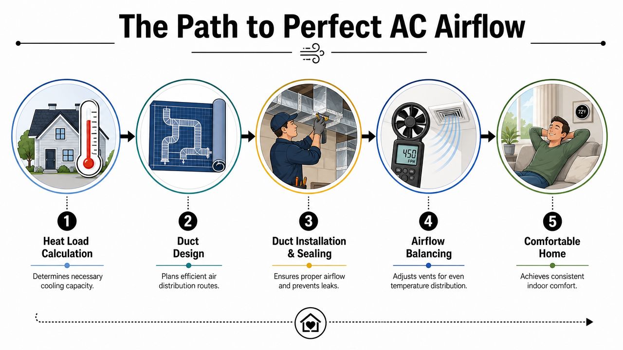A five-step infographic showing the process from heat load calculation to achieving a comfortable home environment.