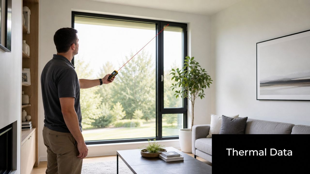 A professional technician uses a laser distance meter to take measurements near a large modern living room window.