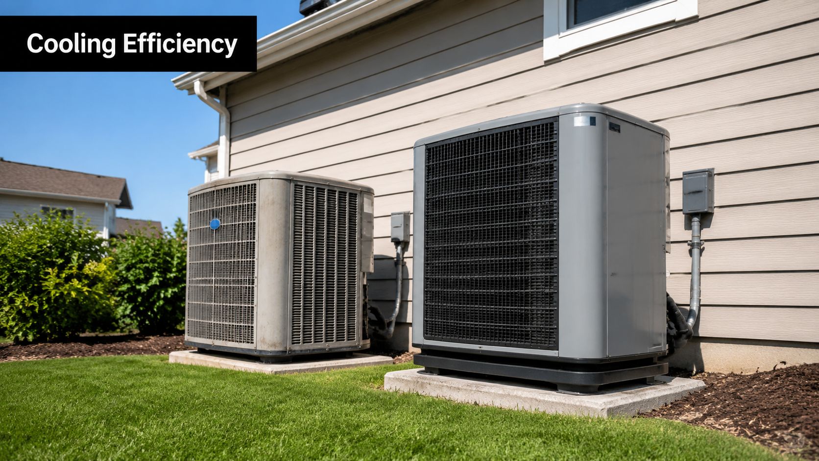 Two residential HVAC condenser units sitting on concrete pads next to the side of a house.