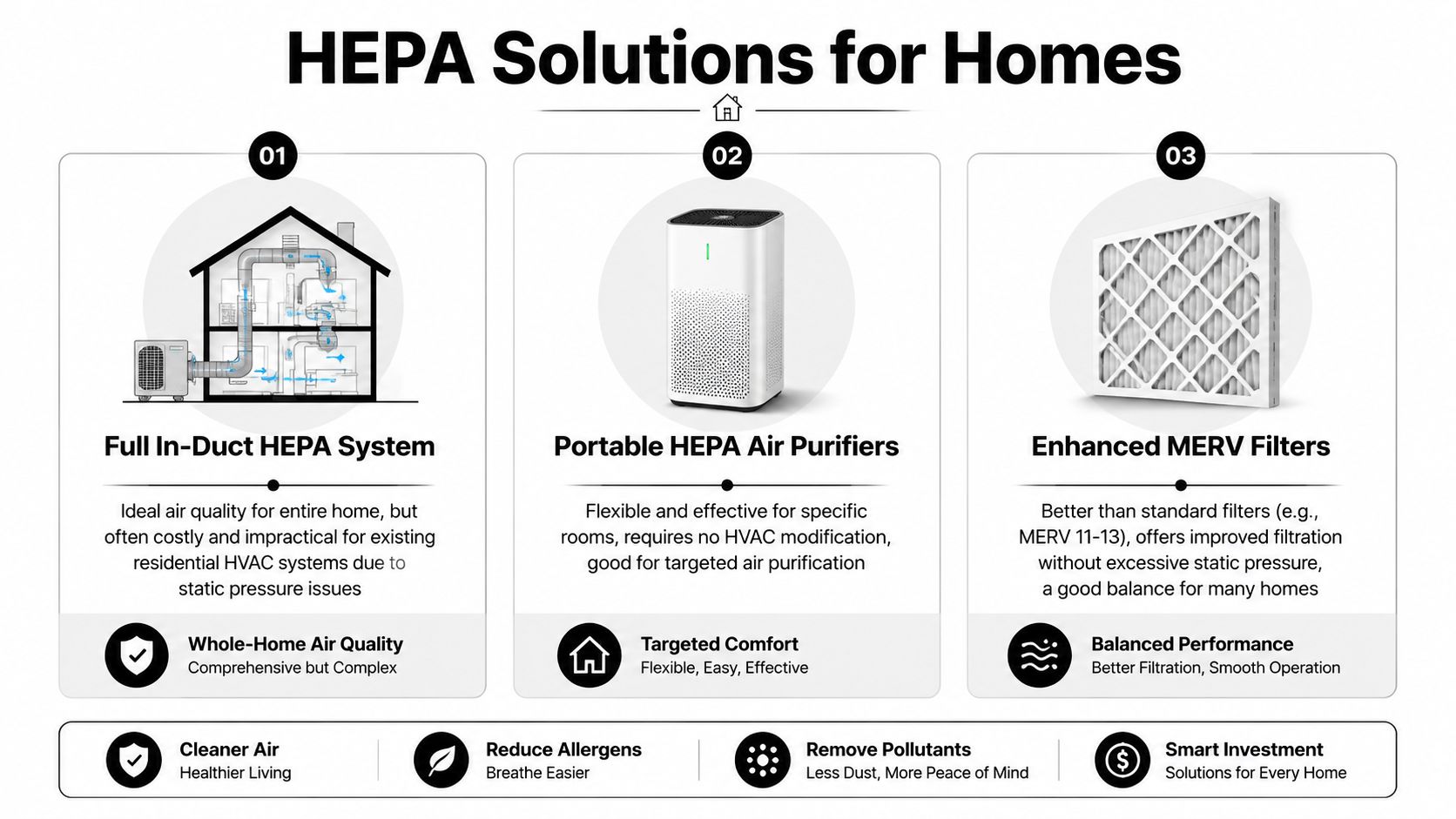 A visual comparison infographic showing three different HEPA air filtration solutions for residential home air quality improvement.