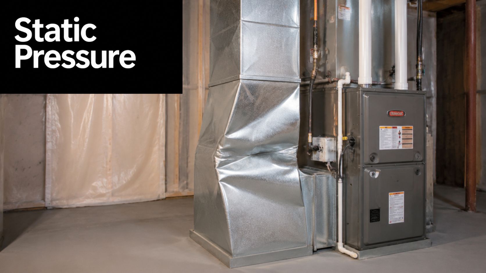 A basement HVAC unit connected to a damaged, bent metal air duct system for home climate control.