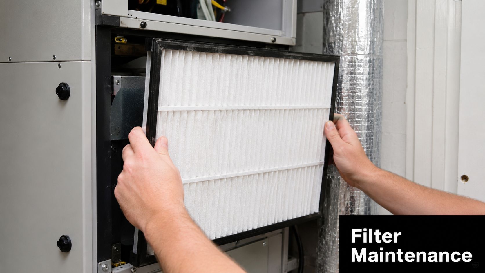 A technician installing a clean white air filter into an HVAC furnace system for maintenance.