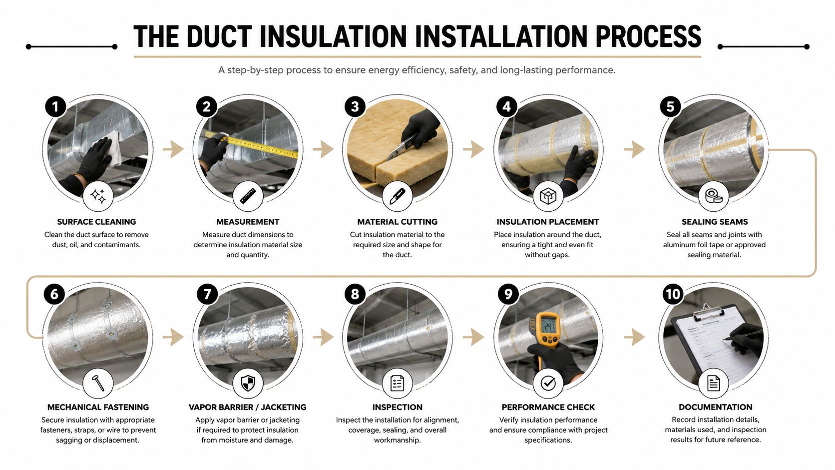 A ten-step infographic illustrating the professional duct insulation installation process for improved energy efficiency and performance.