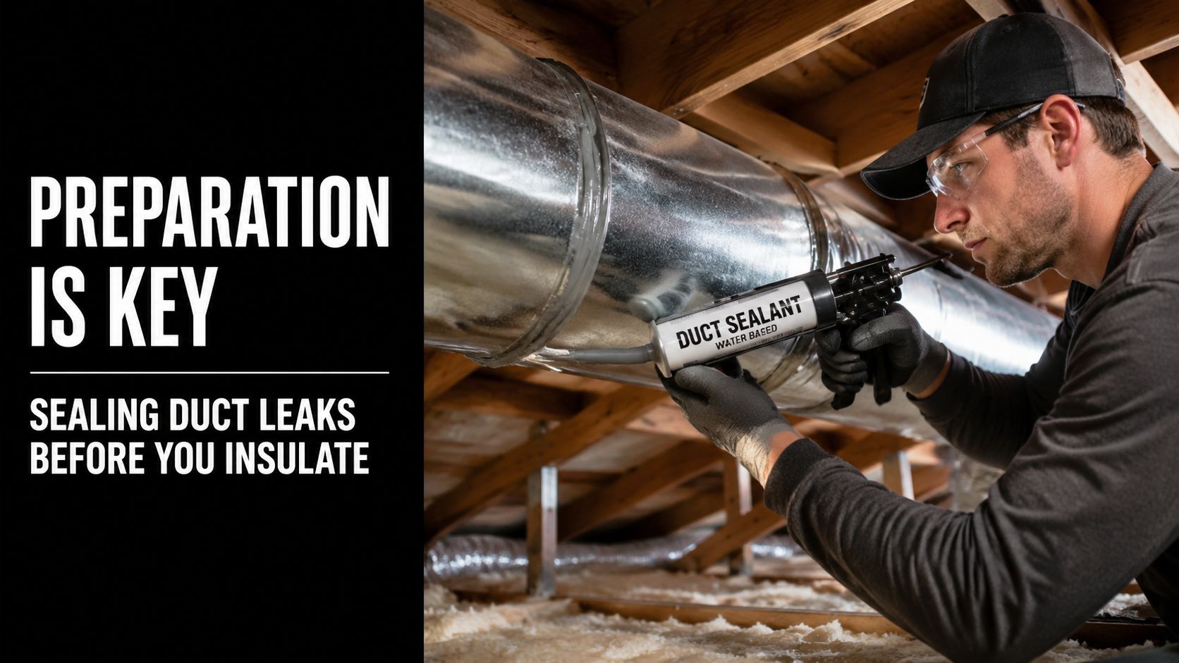 A professional construction worker applying duct sealant to metal air ducts in an attic before adding insulation.