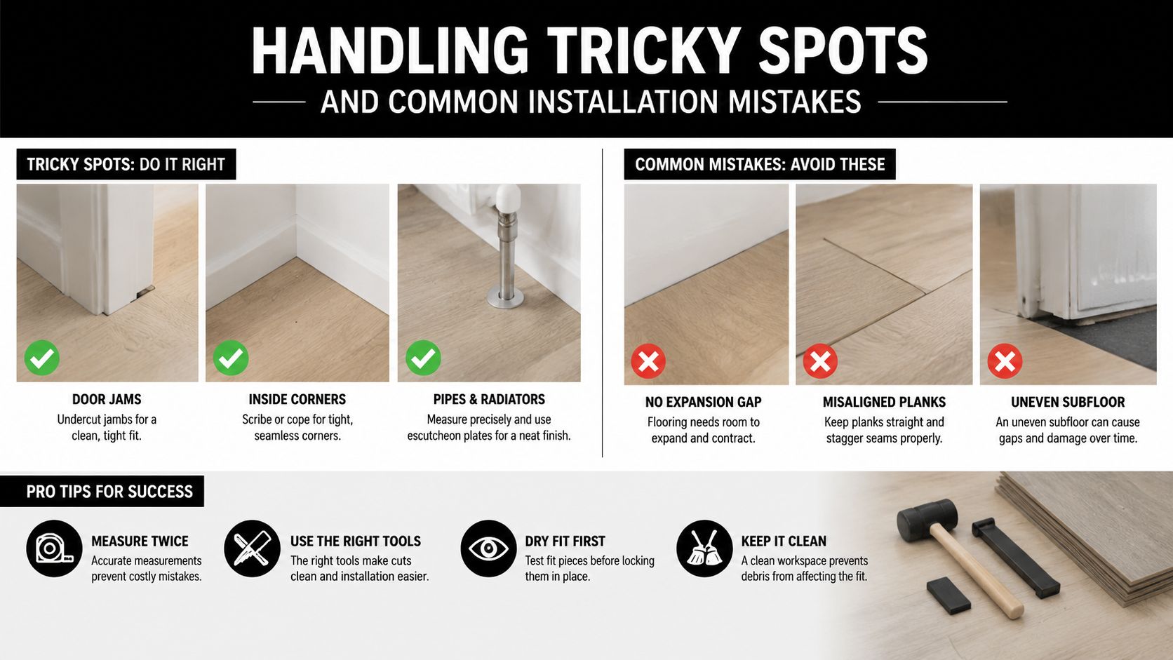 A helpful infographic showing flooring installation tips for tricky spots versus common mistakes to avoid.
