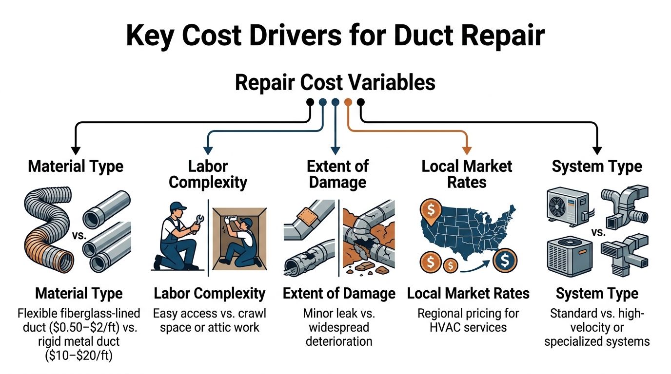 An infographic showing five key cost drivers for HVAC ductwork repair, including materials, labor, and damage extent.