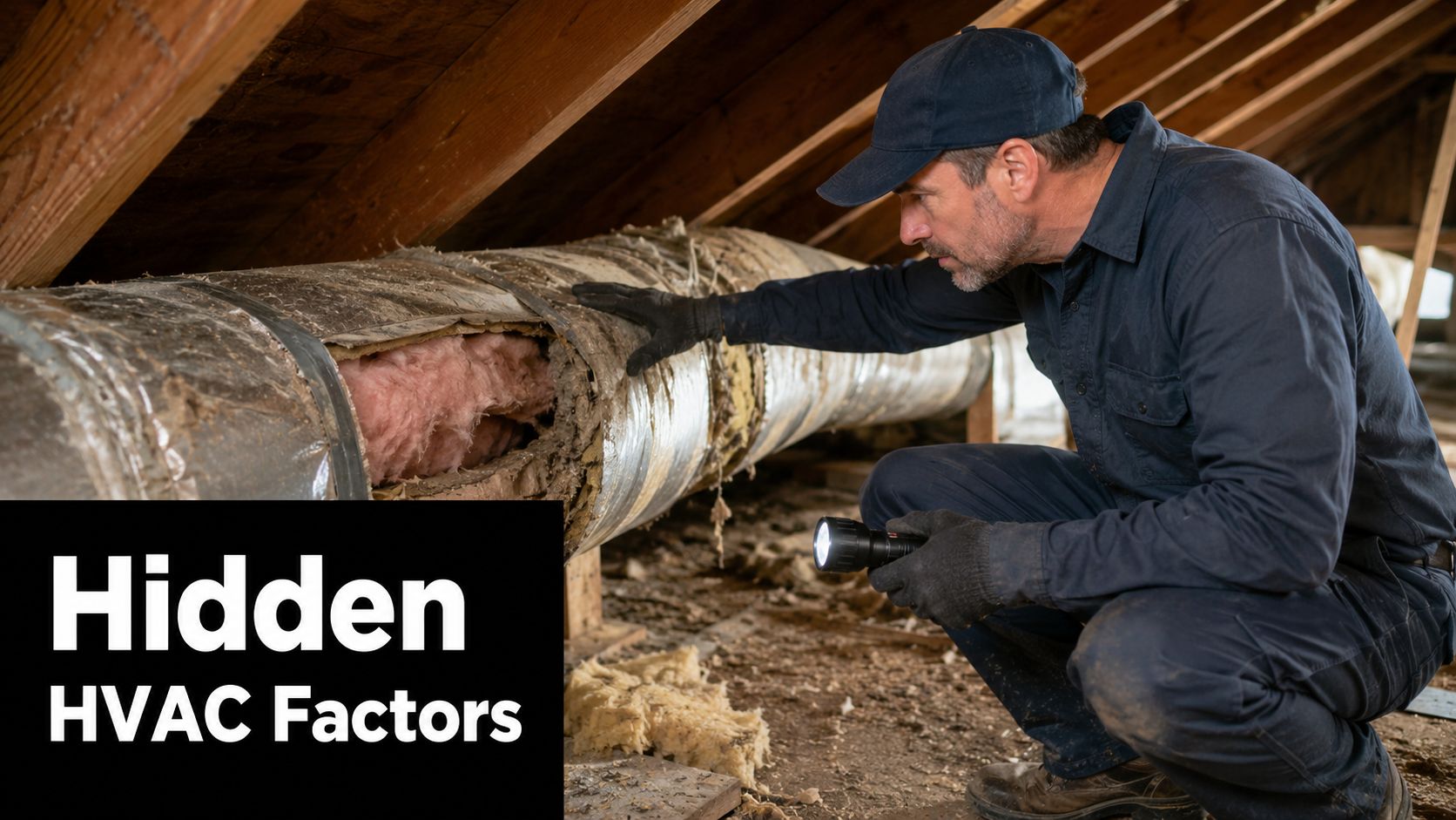A professional HVAC technician inspecting damaged insulation on a ductwork system in a dusty attic space.