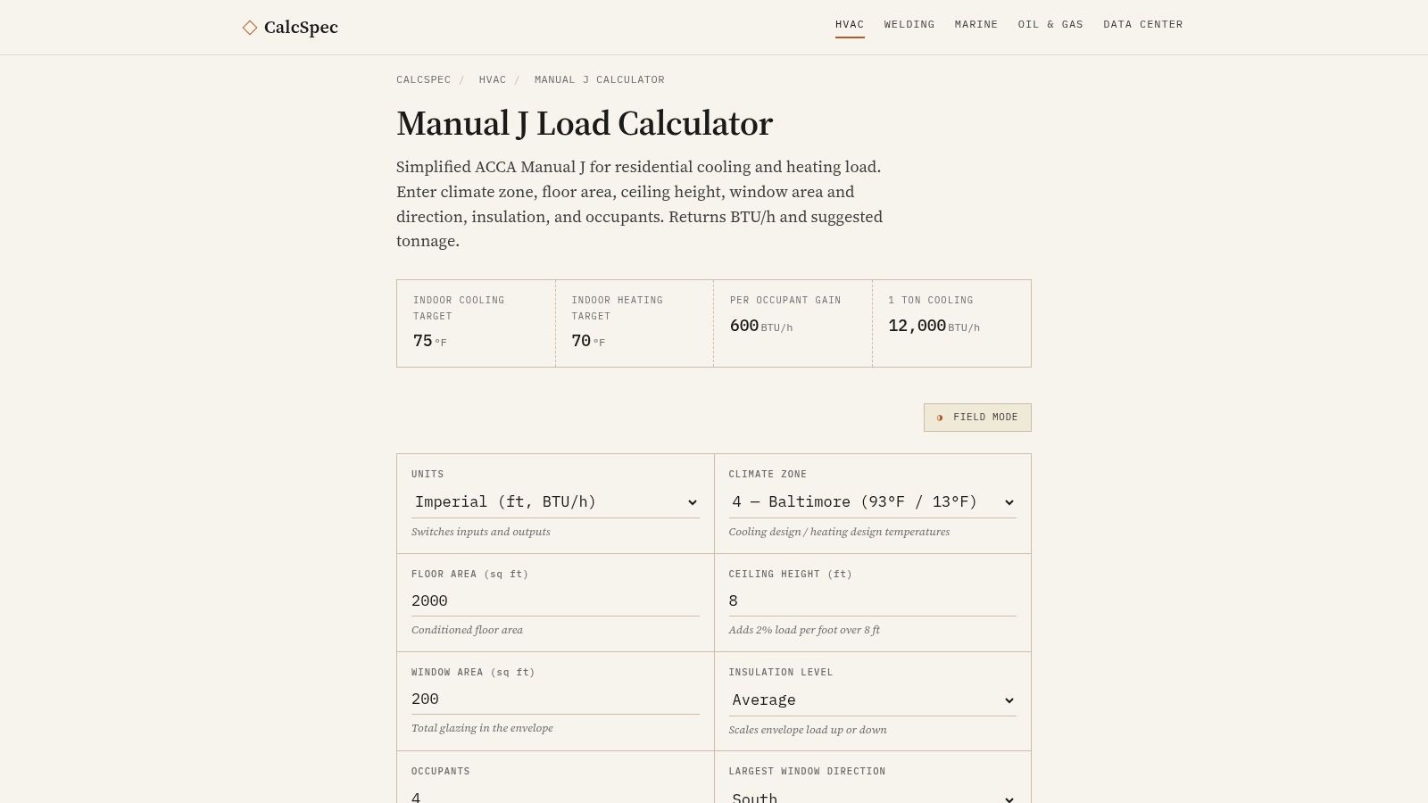 CalcSpec – Manual J Load Calculator (simplified)