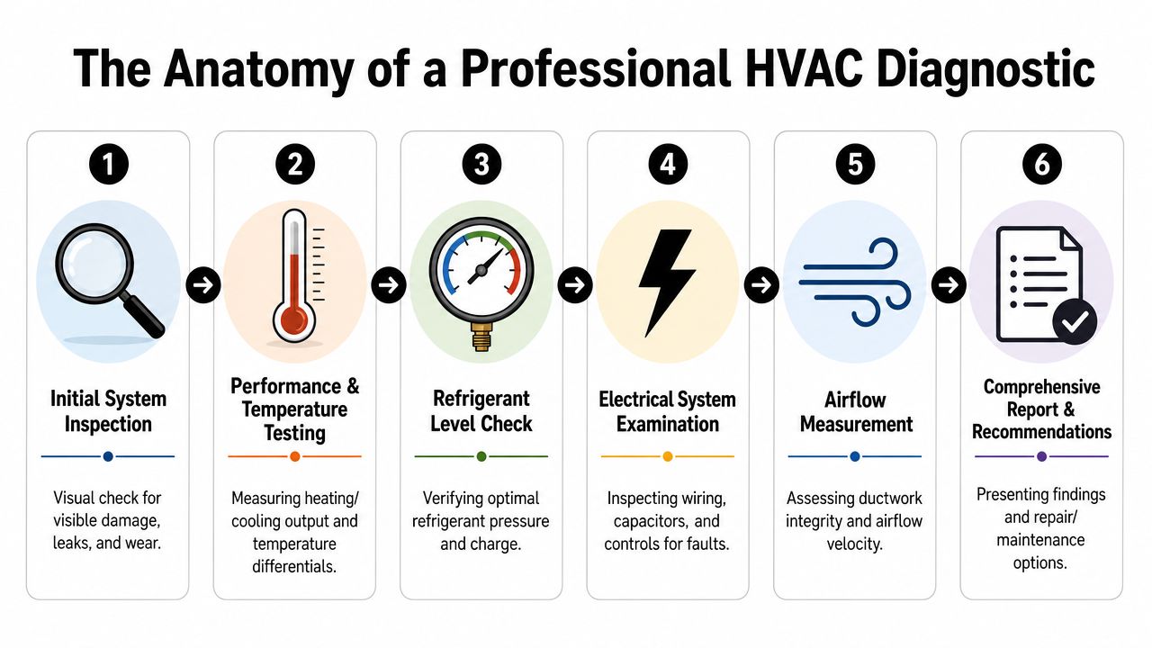 A professional HVAC diagnostic process infographic displaying six steps from initial inspection to final reporting.