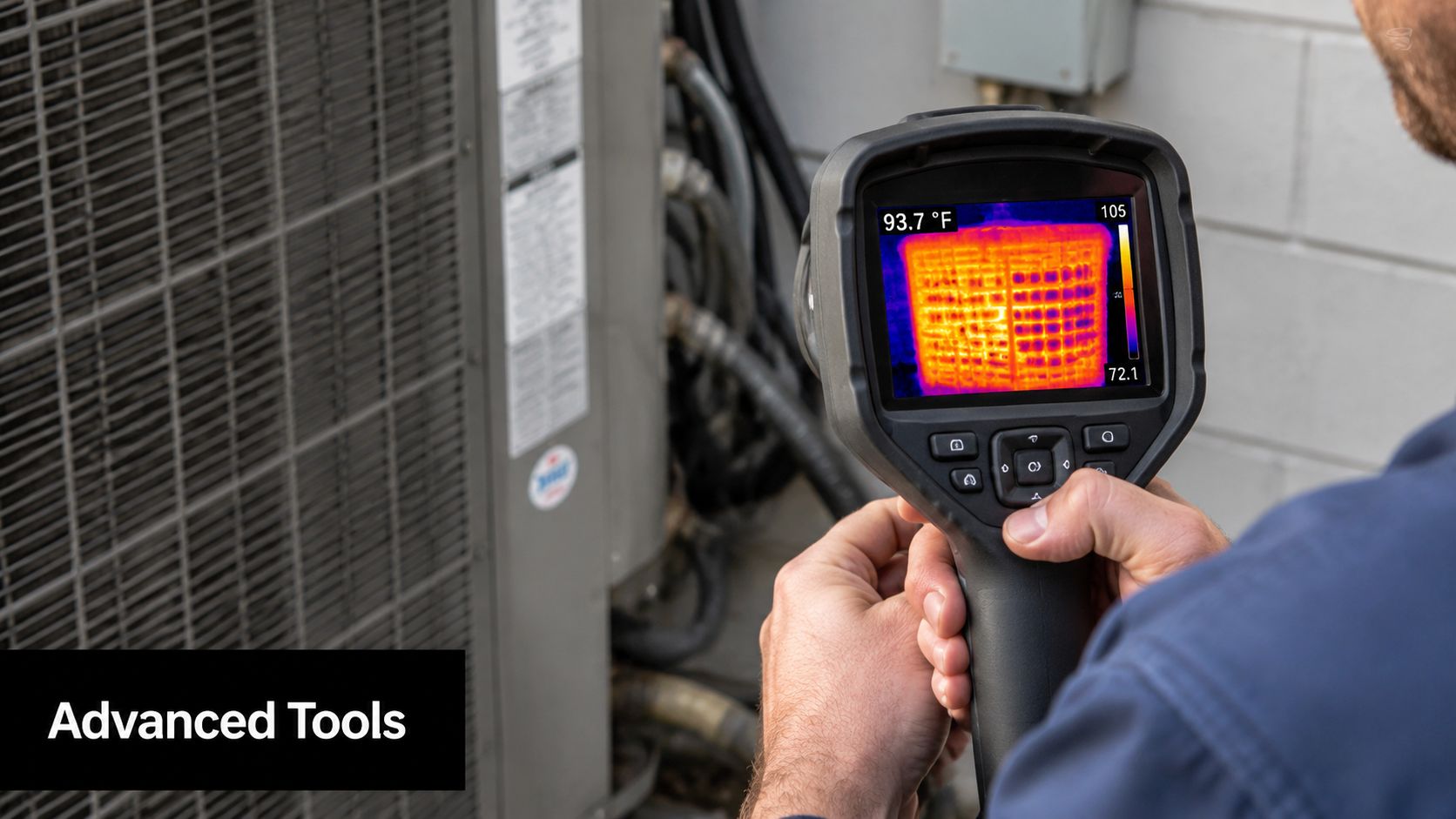 A technician uses a thermal imaging camera to inspect the performance of an outdoor HVAC unit system.