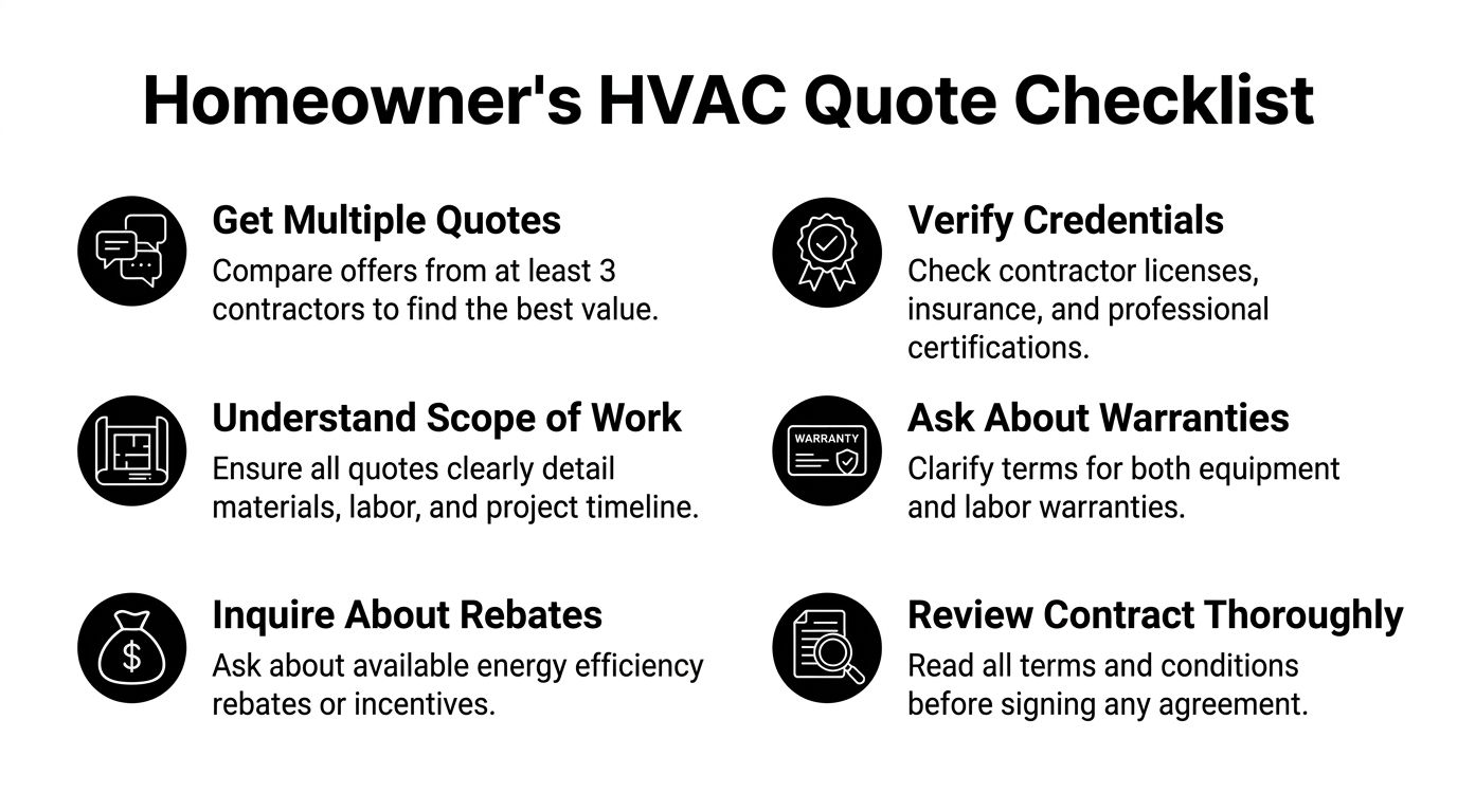 A checklist for homeowners detailing important steps to take when getting quotes for HVAC system replacements.