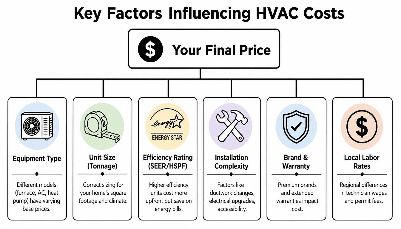 A flowchart infographic outlining six key factors that influence the final price of an HVAC system replacement.