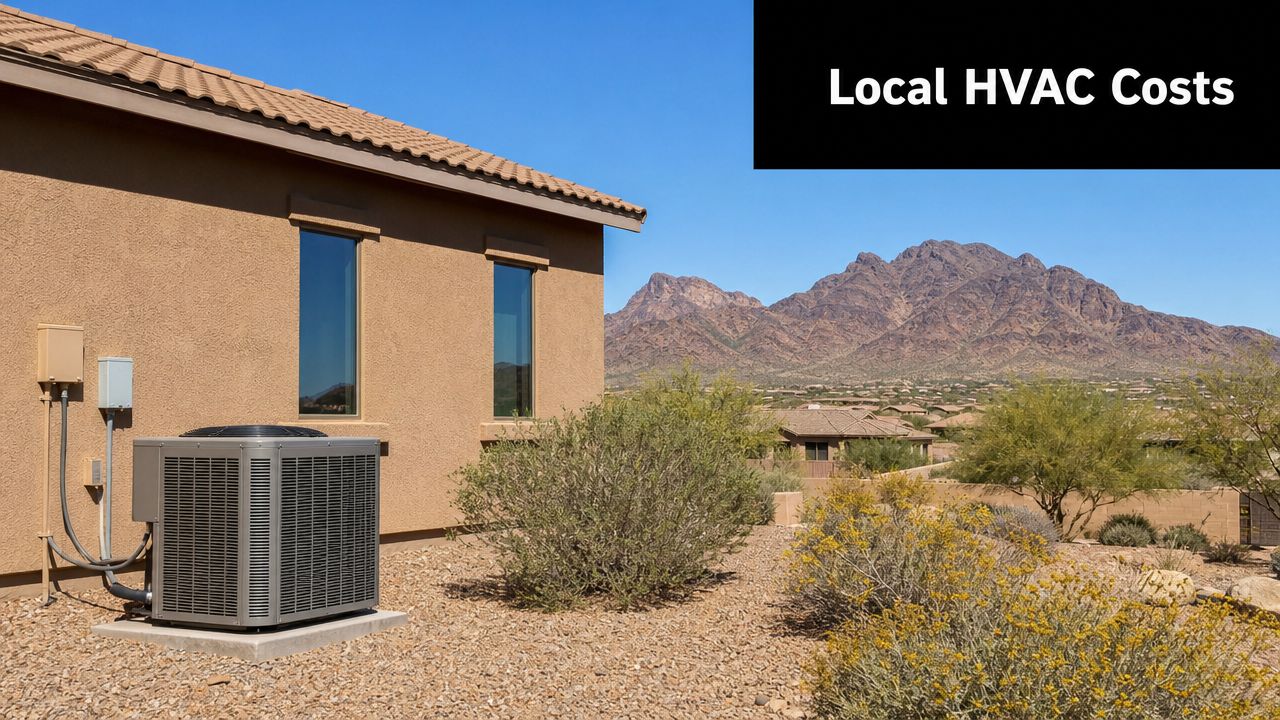 An outdoor HVAC unit positioned next to a stucco home with a desert mountain landscape view.