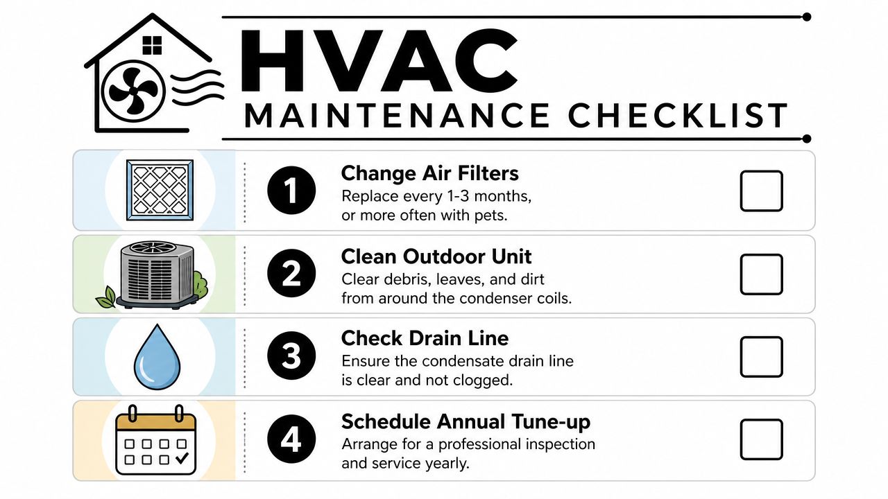 A simple HVAC maintenance checklist infographic for homeowners including changing filters, cleaning the unit, and annual inspections.