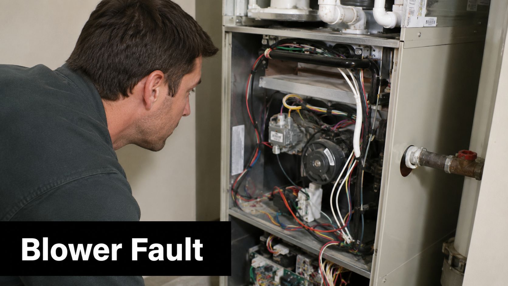 A professional HVAC technician inspects the internal components of a residential furnace unit to diagnose issues.
