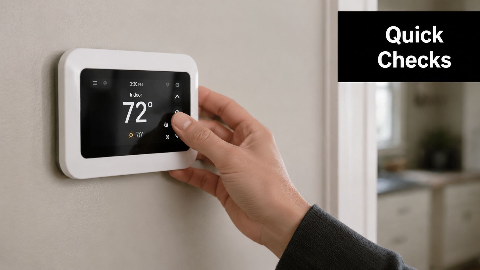 A hand adjusts the temperature on a digital wall-mounted smart thermostat in a modern home interior.