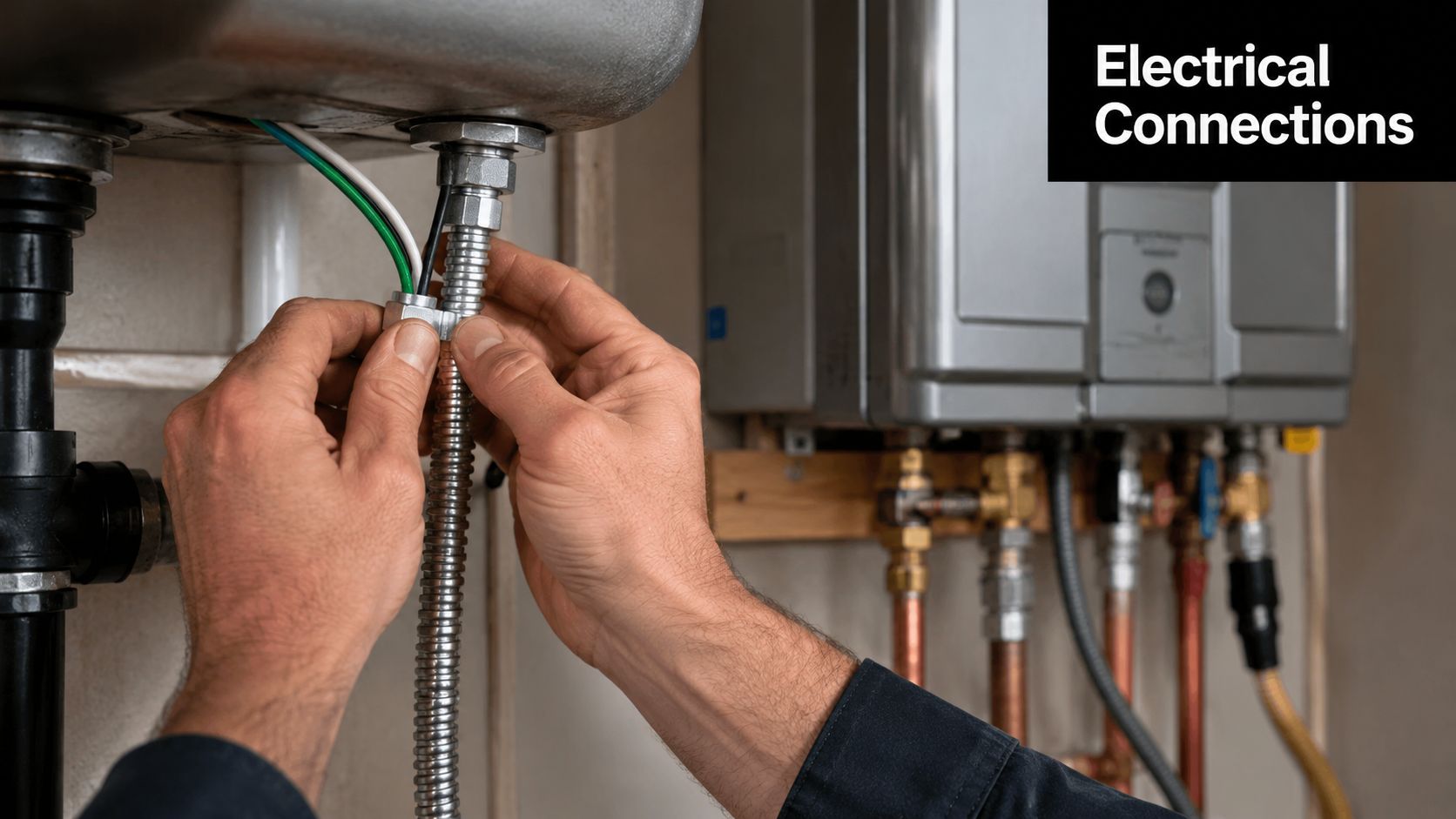 A professional plumber installing electrical wiring into a tankless water heater unit inside a residential home.
